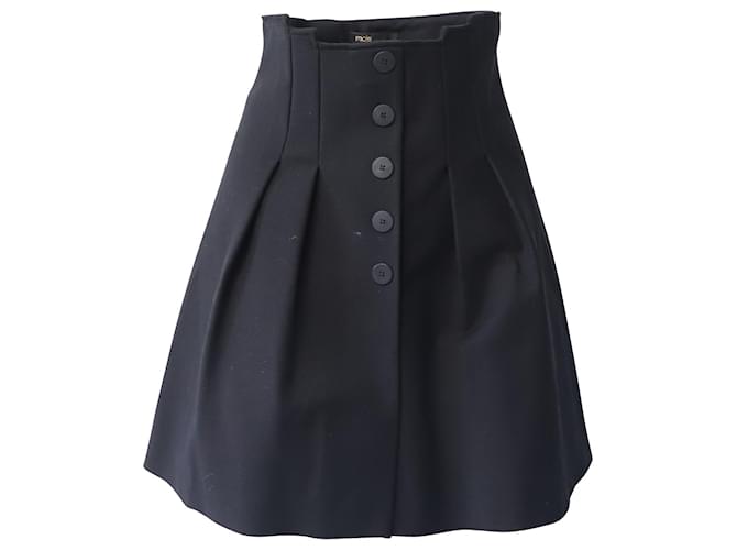 Maje Button Front Pleated Skirt in Black Cotton   ref.675512