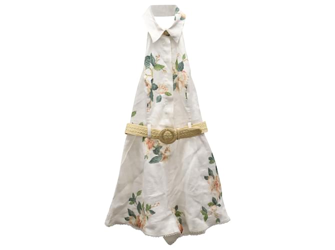 Zimmermann Kira Halter Neck Floral-Print Linen Playsuit in White Linen   ref.675523
