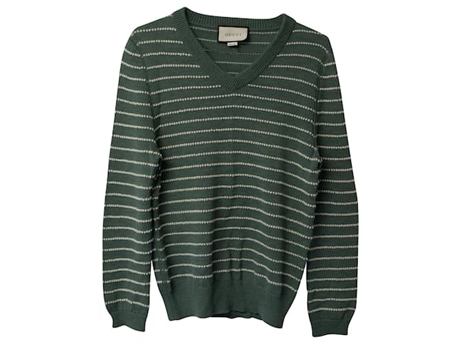 Gestreifter Gucci-Pullover mit V-Ausschnitt aus grüner Alpakafaser Wolle  ref.675531
