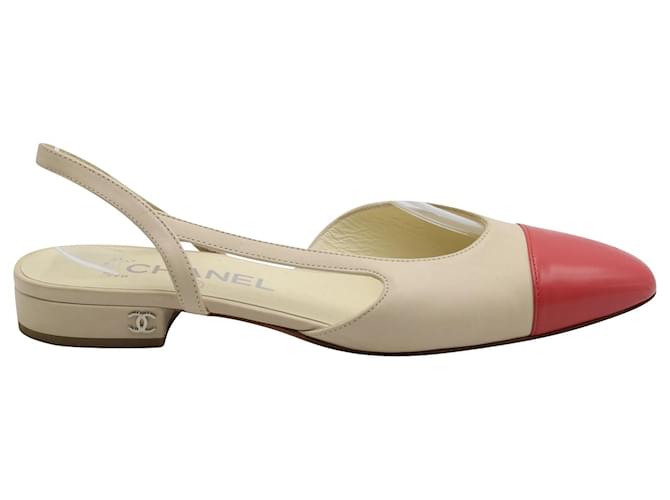  Chanel Cap Toe Slingback Sandals in Beige Leather  ref.675554