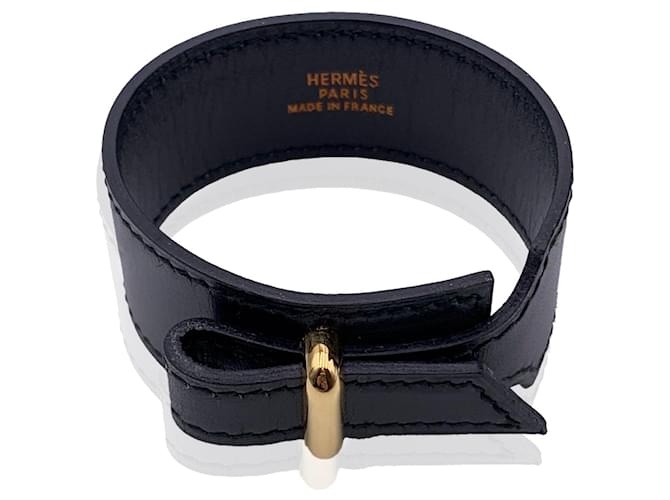 Hermès Hermes Vintage cuero negro pulsera ancha hebilla de metal dorado  ref.675570