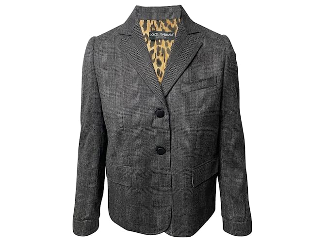 Dolce & Gabbana Blazer de botonadura sencilla con forro de leopardo en lana gris  ref.675574