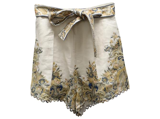 Zimmermann Bermuda-Shorts mit Gürtel und Paisley-Print aus cremefarbenem Leinen Weiß Roh  ref.675625