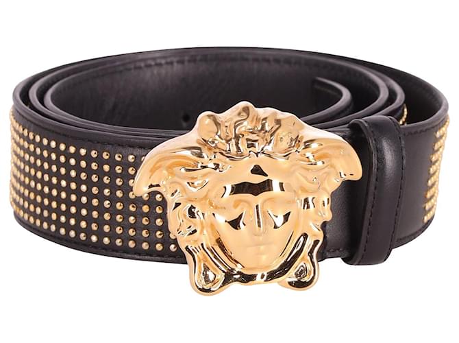 Versace Cinturón con tachuelas y hebilla de Medusa en cuero negro  ref.675684