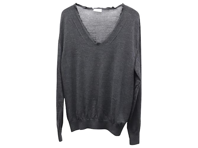 Dior Distressed V-neck Sweater in Grey Virgin Wool  ref.675694