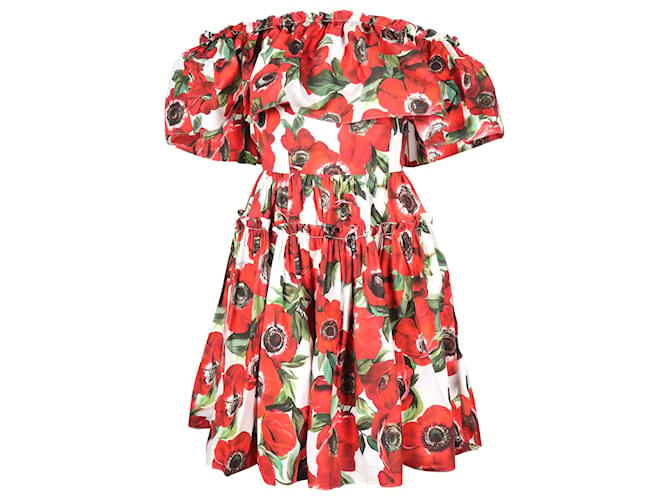 Dolce & Gabbana Floral Ruffle Dress in Red Cotton  ref.675734