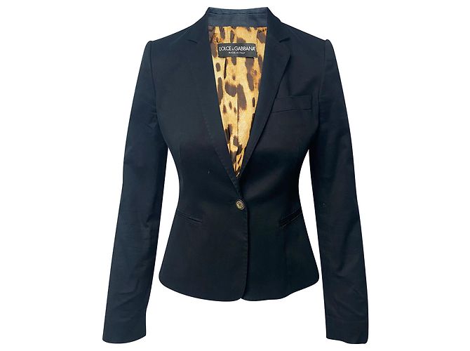 Dolce & Gabbana Dolce And Gabbana Leopard Print Lined Blazer in Navy Blue Cotton