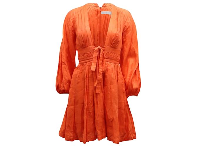 Zimmermann Minikleid mit tiefem Ausschnitt aus orangefarbenem Leinen  ref.675753