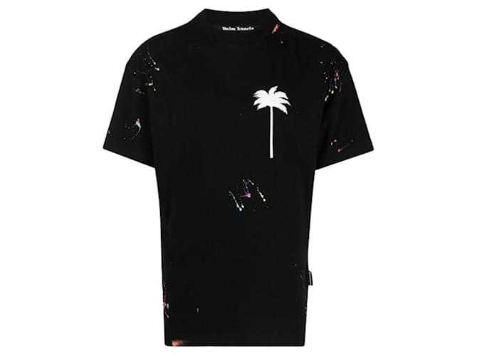 Palm Angels Splatter logo print T-shirt Black Cotton  ref.676549