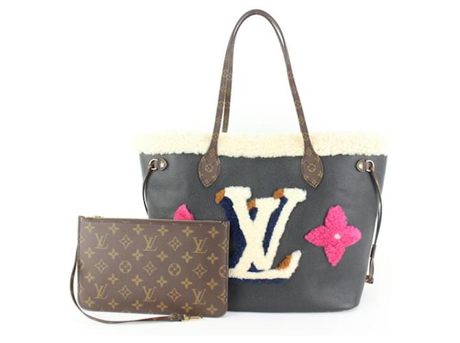 Louis Vuitton Black Monogram Teddy Shearling Neverfull MM Tote Bag Leather  ref.677123