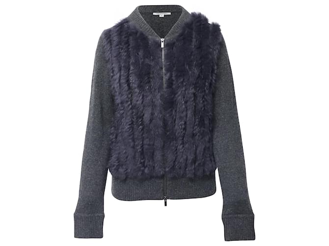 Diane Von Furstenberg Fur Trimmed Long Sleeve Cardigan in Black Wool   ref.677327
