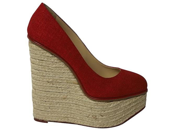 Charlotte Olympia Carmen Espadrille Platform Wedge Pumps in Red Canvas  Cloth  ref.677340