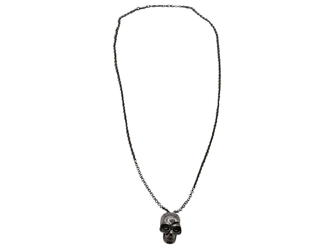 Alexander McQueen Geteilte Totenkopf-Halskette aus silberfarbenem Messing Metall  ref.677347