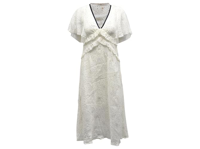 Maje Racky Ruffled Printed Midi Dress in Ivory Cupro White Cream Cellulose fibre  ref.677375