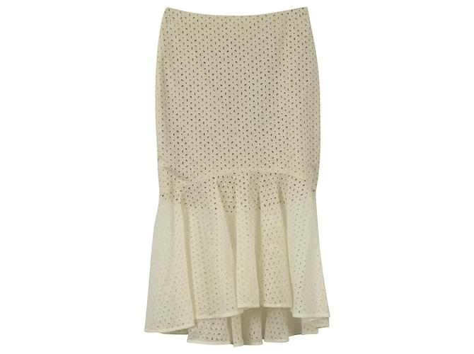 Alexander McQueen Broderie Lace Fitted Mid Skirt With Flared Fishtail in White Cotton  ref.677397