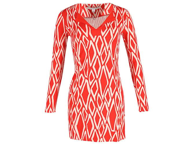 Diane Von Furstenberg Printed Mini Dress in Coral Red Silk   ref.677419