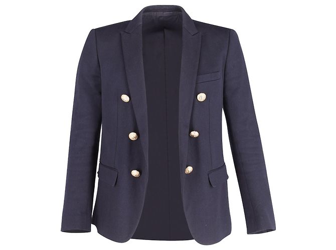 Blazer al petto foderato Balmain in cotone blu navy