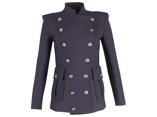 Blazer estilo chaquetón con botonadura forrada en lana azul marino de Balmain  ref.677445