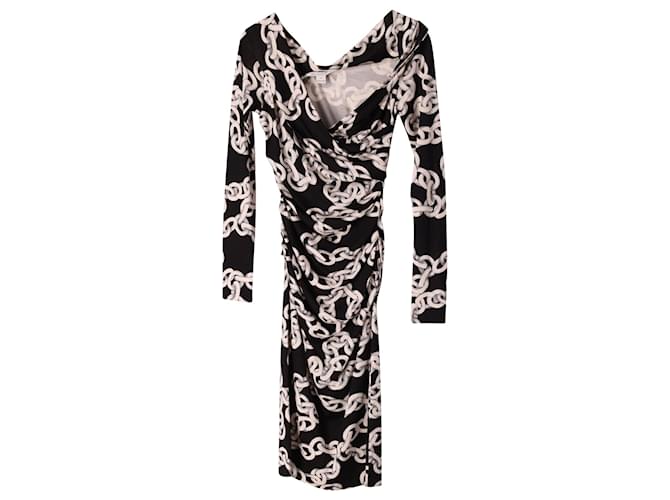 Diane Von Furstenberg Chain Printed Wrap Dress in Black Silk   ref.677534