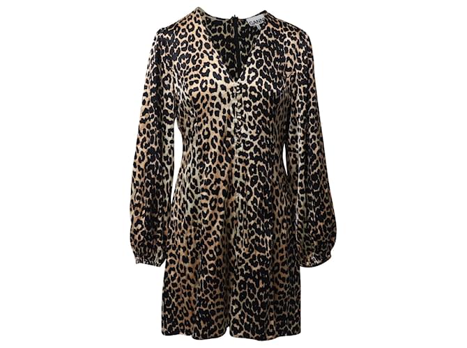 Ganni Leopard Puff-Sleeve Mini Dress in Animal Print Silk  ref.677546