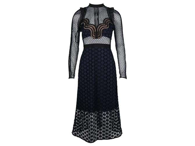 Self portrait Self-Portrait Star Lace Langarm-Midikleid aus marineblauem Polyester  ref.677549