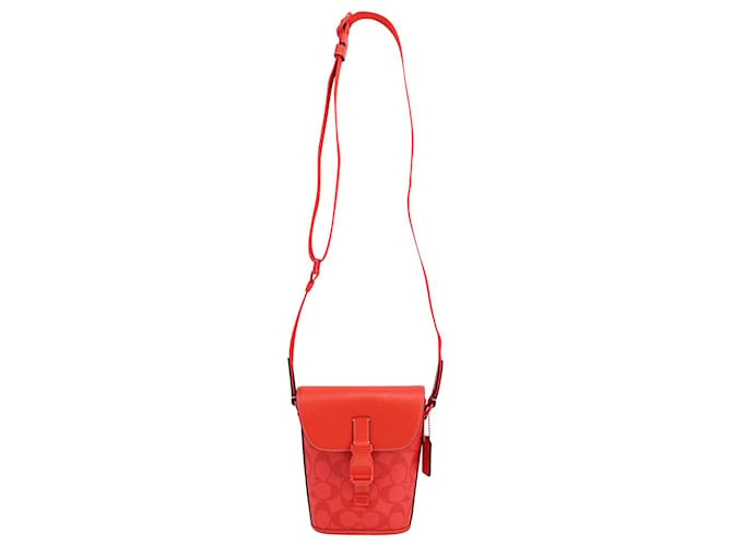 Coach Track Small Flap Crossbody Bag in Red Canvas and Calfskin Leather  ref.677580