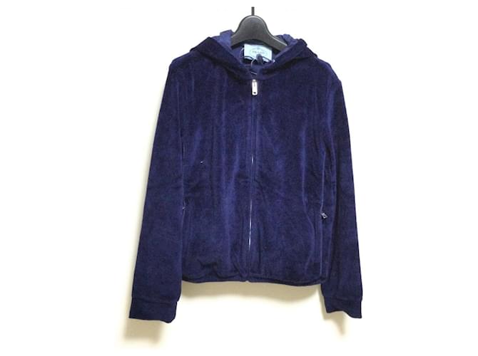 [Usado] *PRADA Sudadera con capucha Manga larga/Terciopelo/Línea deportiva Azul marino oscuro Algodón  ref.677906