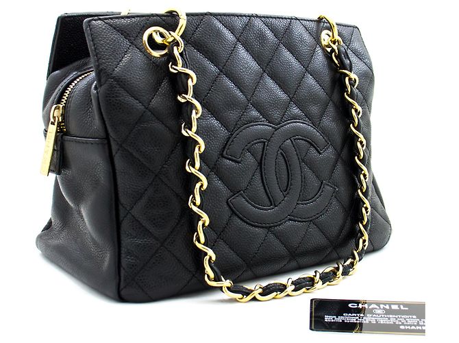 Bolsa de ombro CHANEL com corrente de caviar sacola de compras preta acolchoada Preto