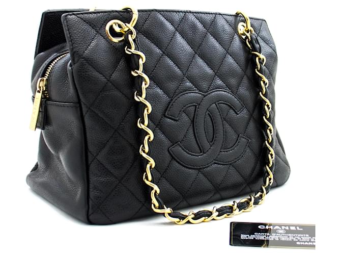 CHANEL Caviar Chain Shoulder Bag Shopping Tote Black Quilted i56