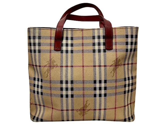 Vintage Burberry tote from coated canvas with leather trim and handles Red Multiple colors Beige Cloth  ref.678634