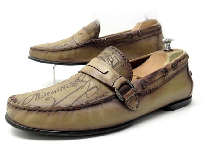 BERLUTI SHOES MOCCASIN BUCKLE ANTONIN ANTIBES SCRITTO 9.5 43.5 SHOES Brown Leather  ref.678789