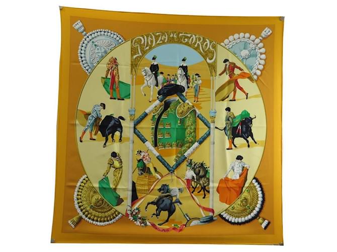 Hermès HERMES PLAZA DE TOROS WATRIGANT SQUARE SCARF 90 IN YELLOW SILK SILK SCARF Orange  ref.678823