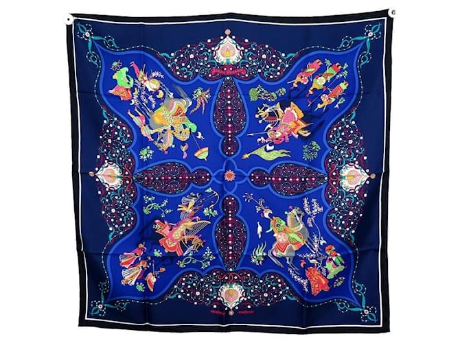 Hermès FOULARD HERMES POESIE PERSANE JULIE ABADIE CARRE 90 EN SOIE BLEU SILK SCARF  ref.678830