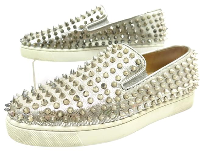 CHRISTIAN LOUBOUTIN ROLLER BOAT SHOES 38 SILVER SNEAKERS SNEAKER SHOES Silvery Cloth  ref.678866