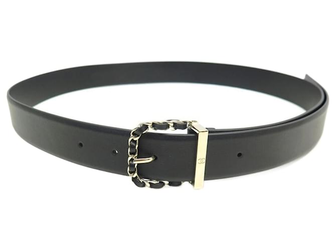 NEW CHANEL BELT 2022 GOLDEN INTERLACED CHAIN BUCKLE T36 84-94 CM BELT Black Leather  ref.678901