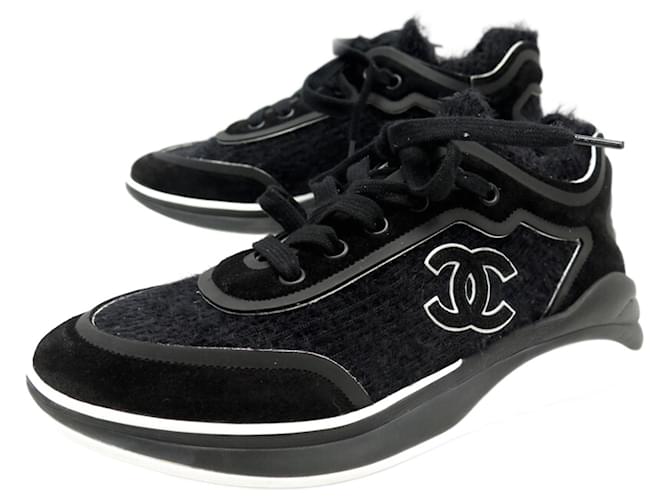 NEW CHANEL G SHOES35202 SUEDE TWEED SNEAKERS 36 LOGO CC SUEDE SHOES Black Leather  ref.678903