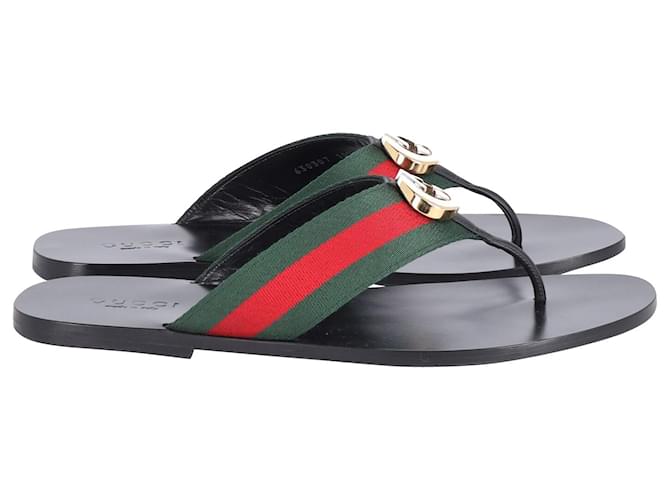 Gucci Kika Web-Stripe Thong Sandal in Black Leather  ref.679368