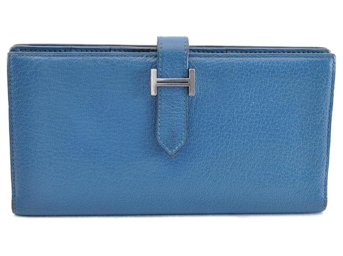 Hermès HERMES Bean Long Wallet Leather Blue Auth mt026  ref.680566