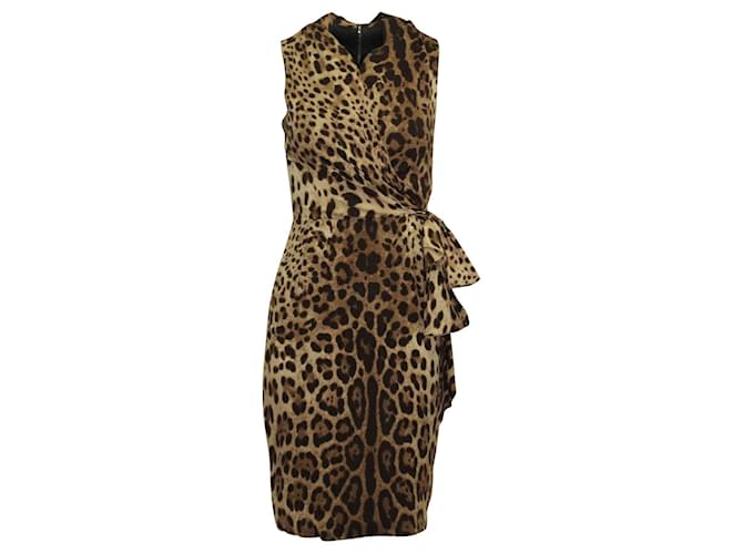 Dolce & Gabbana Leopard Print Midi Dress with Bow Brown  ref.681772