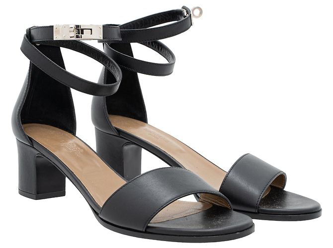 Kelly Hermès Leather Manege Ankle Wrap Sandals Black