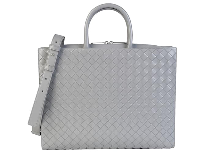 Bottega Veneta Intrecciato Woven Briefcase Grey Leather  ref.682177