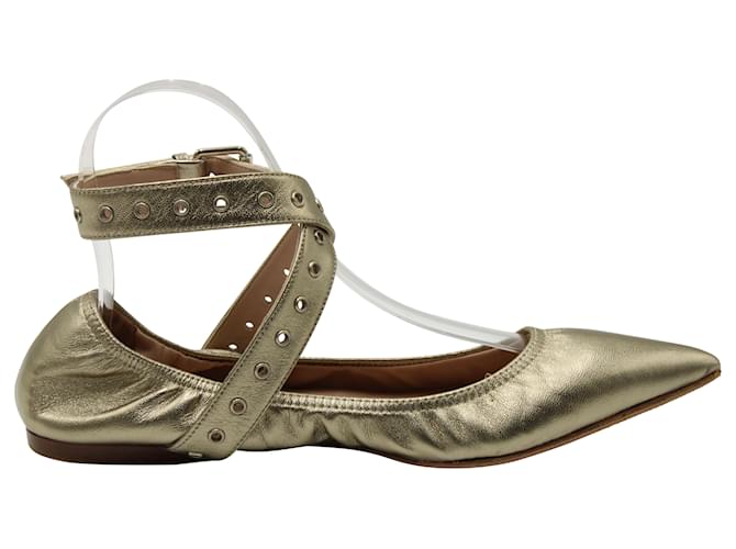 Valentino Golden Point-Toe Ballet Flats with Gromets in Gold Leather Metallic  ref.682226