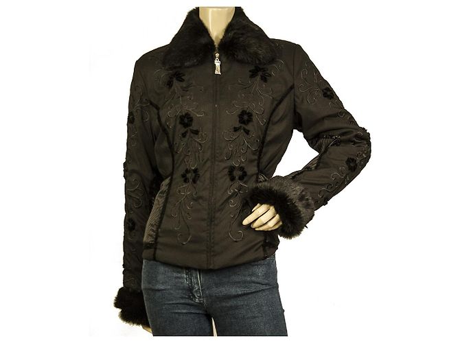 Ebène by Assuline Ebene by Patrick Assuline Black Embroidered Rabbit Fur Collar Cuff Jacket size 2