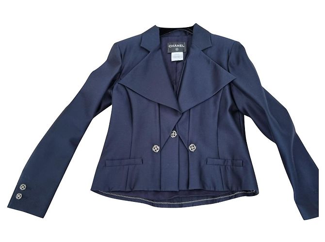 Traje T de algodón/seda azul medianoche de CHANEL44 como nuevo + funda Azul marino