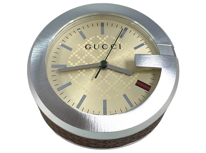 GUCCI Table Clock Brown Cream Table Watch with Box Full Set Clock