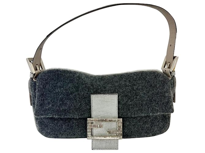 Fendi Fendi Wool Crystal Grey Baguette Small Shoulder Bag  Leather  ref.683307
