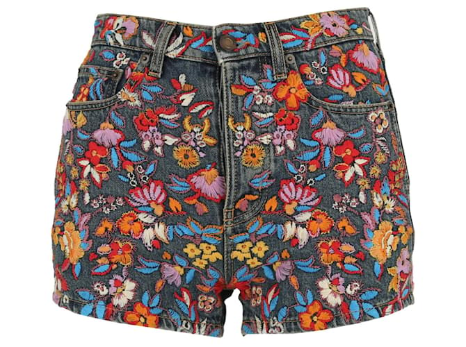 Pantaloncini di jeans con ricamo floreale Saint Laurent Multicolore Cotone  ref.683363