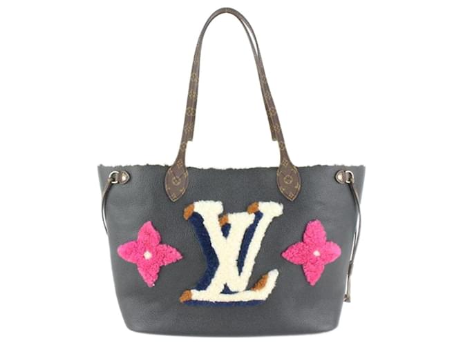 Louis Vuitton Black Shearling Monogram Teddy Neverfull MM Tote Leather  ref.683802