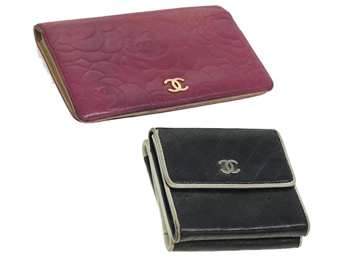 CHANEL Wallet Leather 2Set Black Pink CC Auth ti684  ref.684963