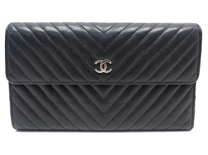 WALLET CHANEL LOGO CC BLACK LEATHER LONG CHEVRONS WITH FLAP PURSE  ref.685125